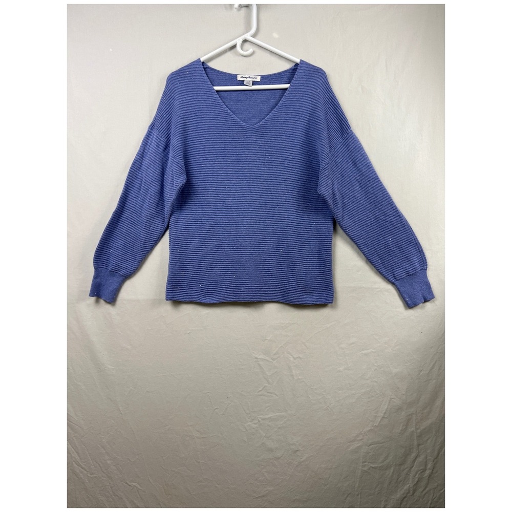 Tommy Bahama V-Neck Sweater Womens Large Blue Ribbed Knit Cotton Blend Shimmer